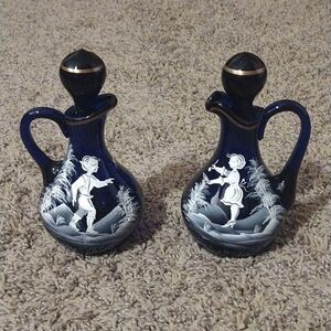 Vintage Set of Two Cobalt Blue Small Mary Gregory Cruets, Ewer Hand Painted Pair